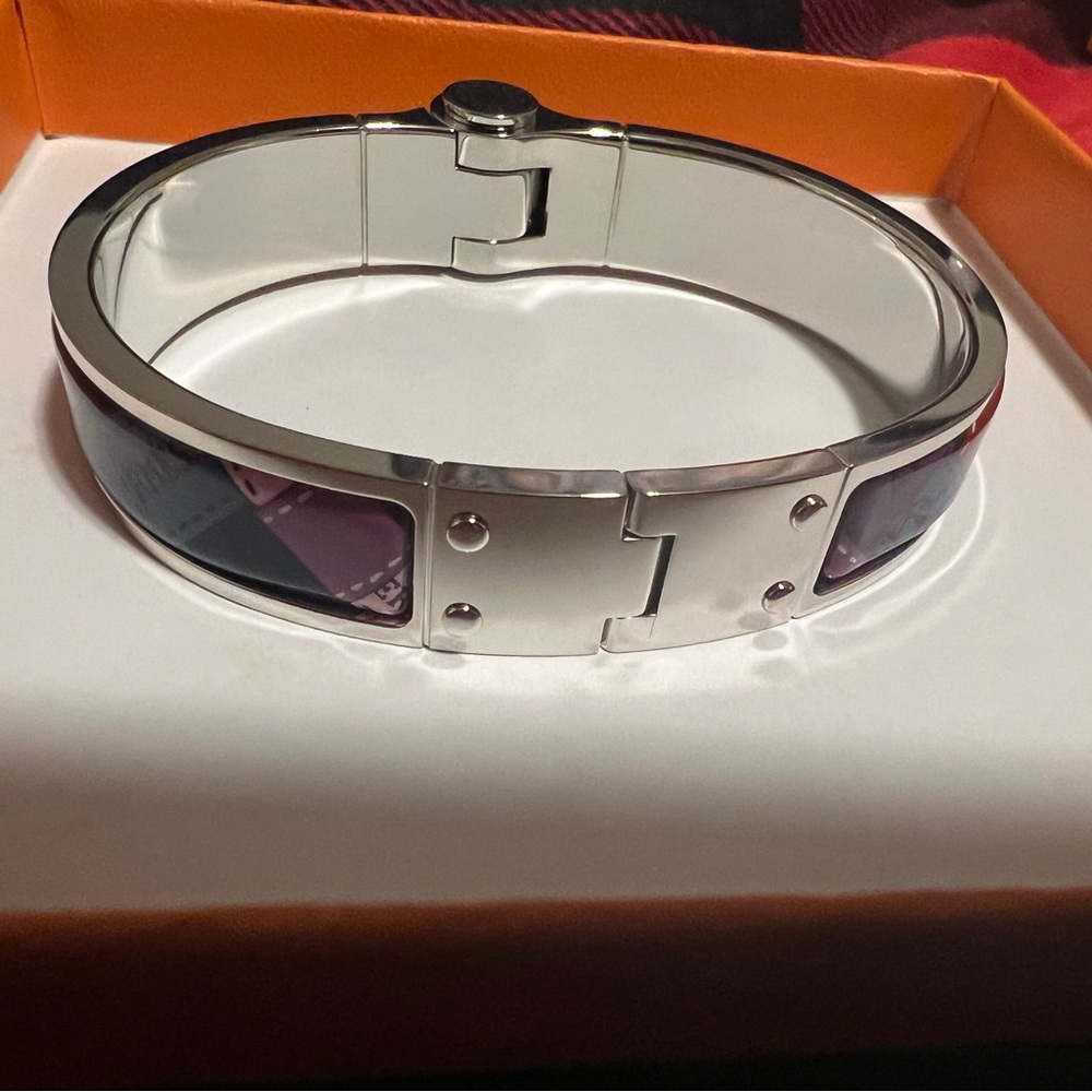 HERMES EUC Bolduc au Carre Narrow Hinged Enamel Bracelet with box